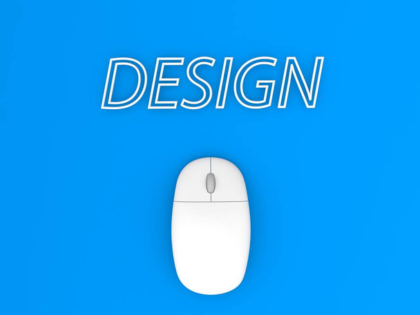 Computer mouse and the word DESIGN on a blue background background. 3d render illustration. - Photo, Image
