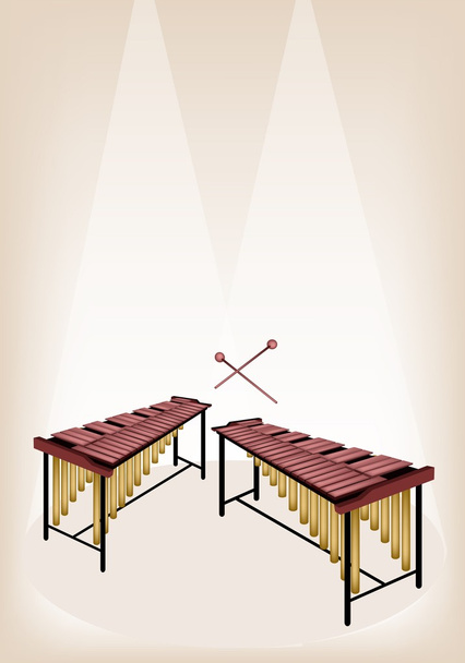 Two Retro Marimba on Brown Stage Background - Vector, Image