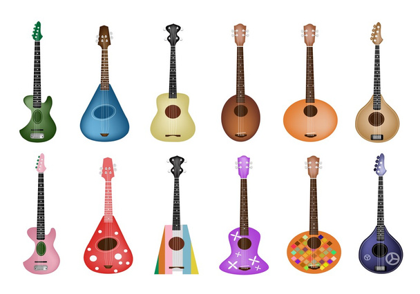 Um conjunto de belas guitarras ukulele em fundo branco
 - Vetor, Imagem