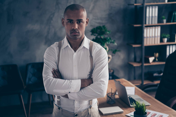 Close-up portrait of his he nice attractive stylish trendy chic confident classy guy shark expert executive top director shark folded arms at industrial loft interior work place station - Photo, Image