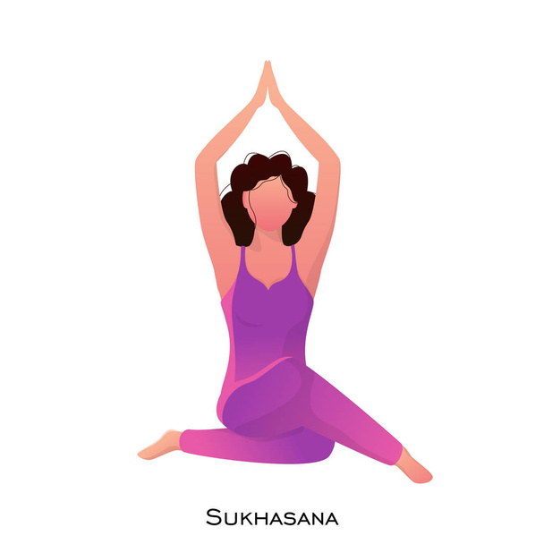 Character of faceless woman doing yoga in sukhasana pose. - Vector, afbeelding
