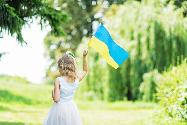 back view of little girl with fluttering blue and yellow flag of Ukraine walking in field at sunny summer day, Ukraine Independence Day concept - Foto, immagini