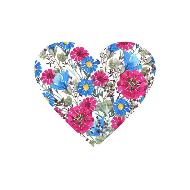 Aquarelle botanique, coeur floral. Fleurs sauvages lumineuses, bouquet floral en forme de coeur. Carte de vœux. Invi mariage de printemps
 - Photo, image