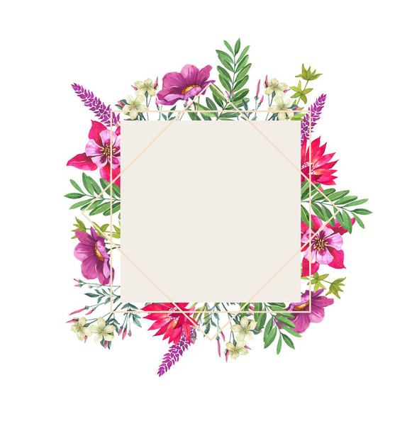 Watercolor floral round frame. Spring flowers, wedding invitation, greeting card, high resolution, illustration. Round gold frame. - Foto, Imagen