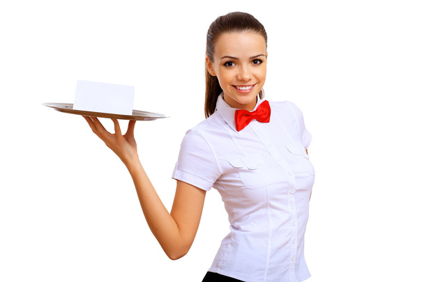 Young waitress with an empty tray - Foto, Bild