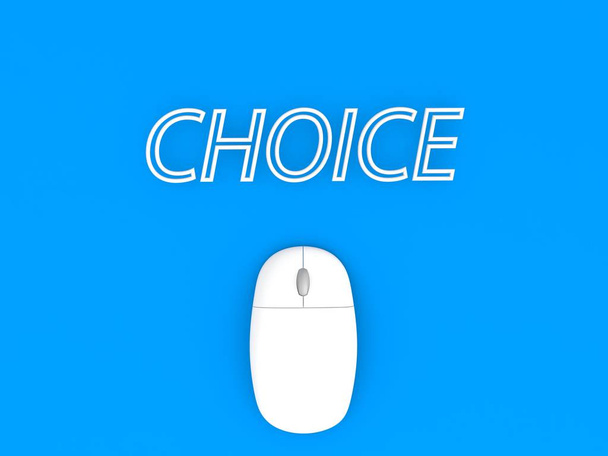 Computer mouse and the word CHOICE on a blue background background. 3d render illustration. - Photo, Image
