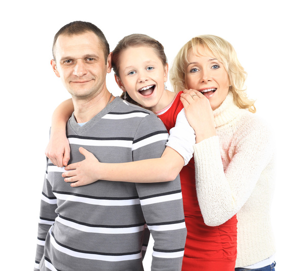 Happy family smiling together - isolated over a white background - Fotó, kép