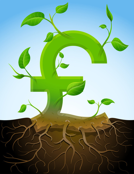 Выращивание фунт стерлингов символ, как растение с листьями и корнями
 - Вектор,изображение