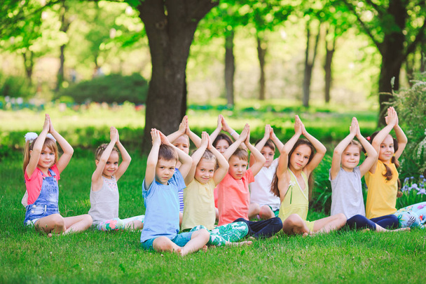 A large group of children engaged in yoga in the Park sitting on the grass. - Foto, imagen