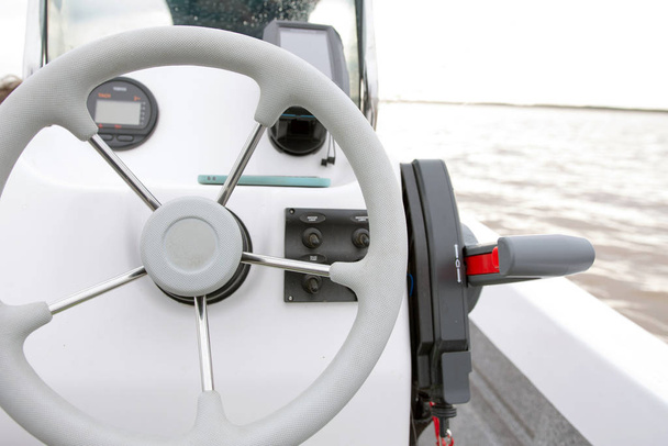 Motor Boat Steering Wheel and Gear Lever - Photo, Image