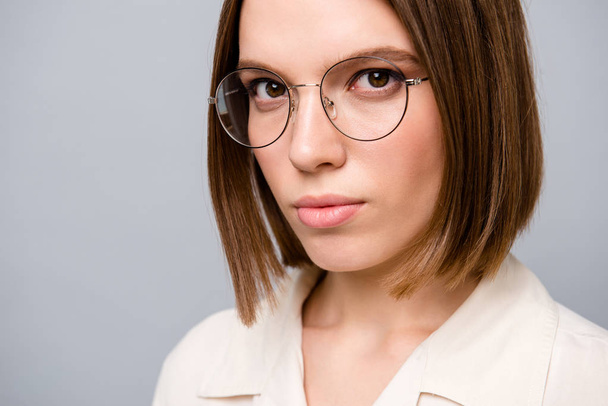 Cropped close up photo beautiful attractive she her business lady chief attorney lawyer clerk broker listen attentively partners colleagues wear specs casual white shirt isolated grey background - Fotografie, Obrázek