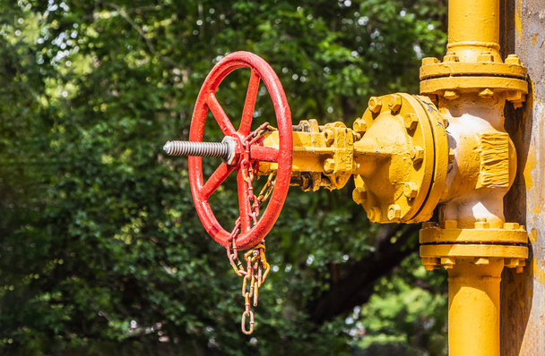 Červený kovový ventil na žlutém plynovodu na pozadí rozmazané zeleně - Fotografie, Obrázek