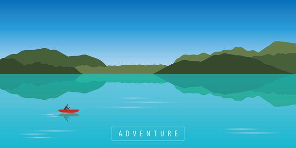美しいターコイズ湖に赤いボートで孤独なカヌーの冒険 - ベクター画像