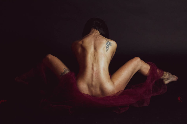 Tatuoitu tyttö, jolla on punainen tylli materiaali vyötärön ympärillä
 - Valokuva, kuva