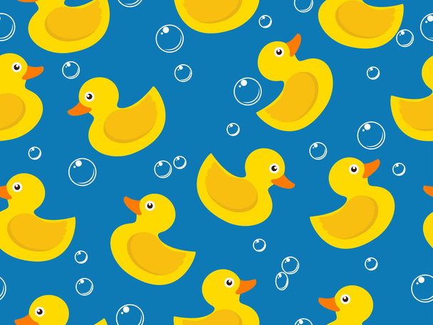 безшовний візерунок жовтої гумової качки на синьому фоні
 - Вектор, зображення
