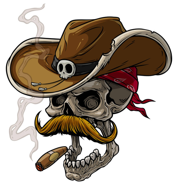 Kreslená kovbojská lebka s kloboukem, knírem a doutník - Vektor, obrázek