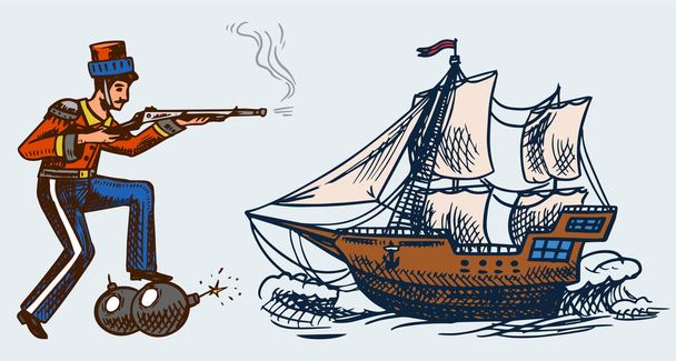 Ein alter Soldat mit Bombe und Waffe. Segelboot im Meer, das Konzept des Krieges in der Geschichte. handgezeichnete gestochene Skizze im Vintage-Stil. Vorlage für Website oder Etikett. - Vektor, Bild