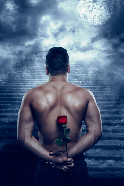 Man Back Rear View with Rose Flower Looking to Moon in Night - Fotografie, Obrázek