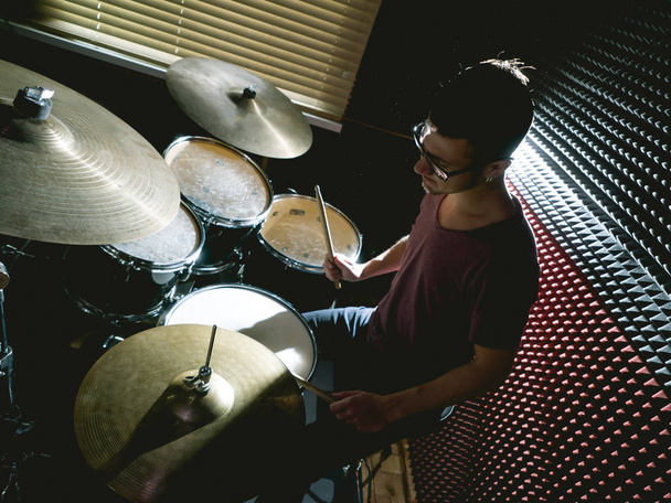 Drummer in recording studio - Fotoğraf, Görsel