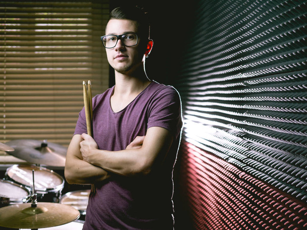 Drummer in recording studio - Fotó, kép