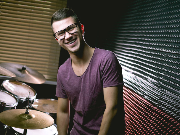 Drummer in recording studio - Фото, изображение