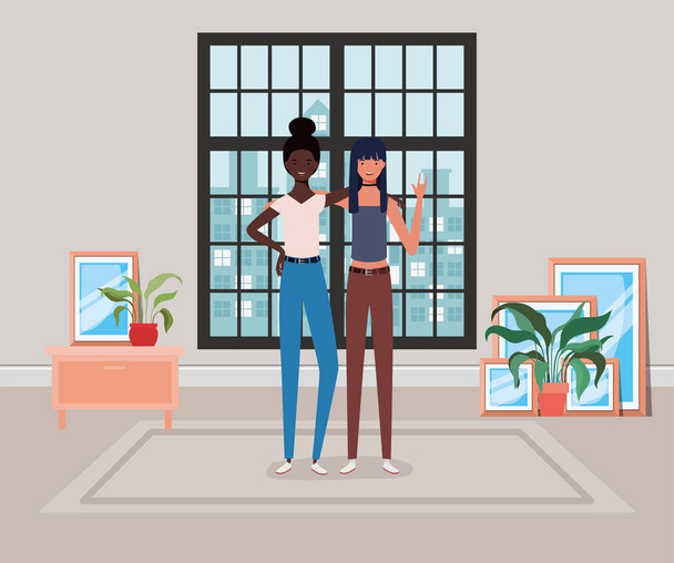 young interracial girls couple in the house - Vector, Image