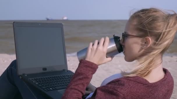 die junge, gut aussehende Frau, die am Laptop arbeitet und am Strand in der untergehenden Sonne Kaffee trinkt. Der junge Geschäftsmann arbeitet bei Sonnenuntergang am Strand. Ein Freiberufler arbeitet an der Küste. - Filmmaterial, Video