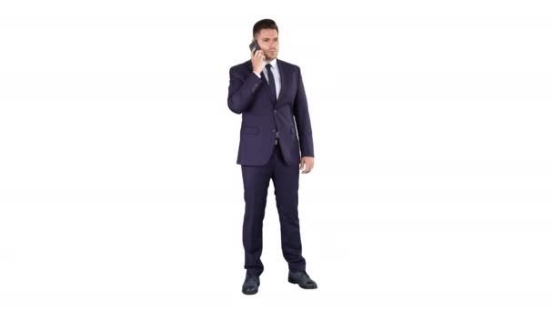 Business, Technologie und People-Konzept - lächelnder Geschäftsmann mit Smartphone im Gespräch auf weißem Hintergrund. - Filmmaterial, Video