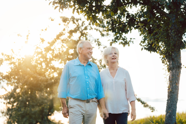 Seniorin und Mann spazieren auf Feldweg - Foto, Bild