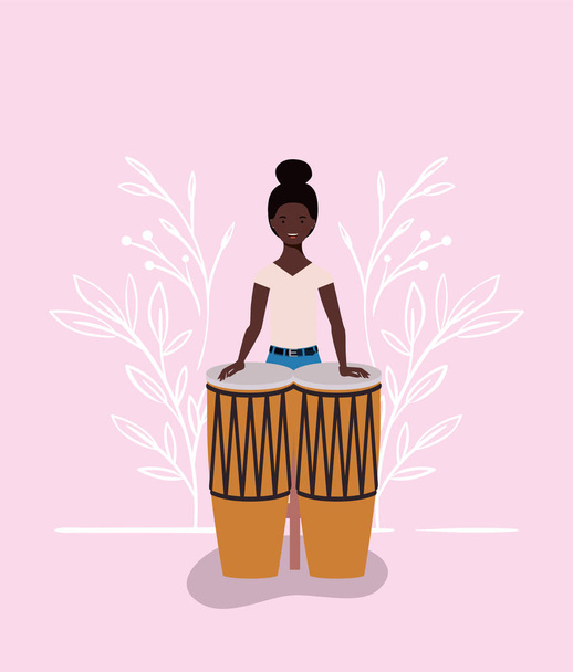 Afro kobieta gra bongosy charakter - Wektor, obraz