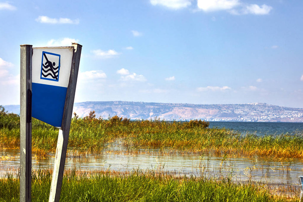 Bande côtière du lac Kinneret avec buissons et interdiction de nager Juillet
 - Photo, image