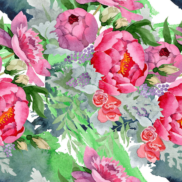 Bazsarózsa csokor virágos botanikus virágok. Akvarell háttér illusztráció meg. Folytonos háttérmintázat. - Fotó, kép