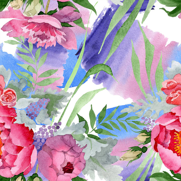 Bazsarózsa csokor virágos botanikus virágok. Akvarell háttér illusztráció meg. Folytonos háttérmintázat. - Fotó, kép