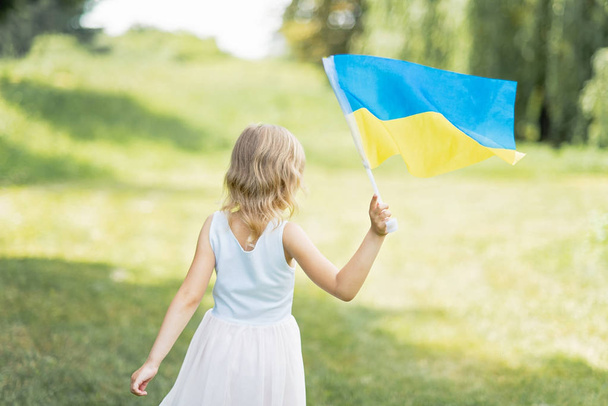 back view of little girl with fluttering blue and yellow flag of Ukraine walking in field at sunny summer day, Ukraine Independence Day concept - Foto, Bild