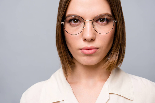 Cropped close up photo beautiful attractive she her business lady chief attorney lawyer clerk broker listen attentively partners colleagues wear specs casual white shirt isolated grey background - Fotoğraf, Görsel