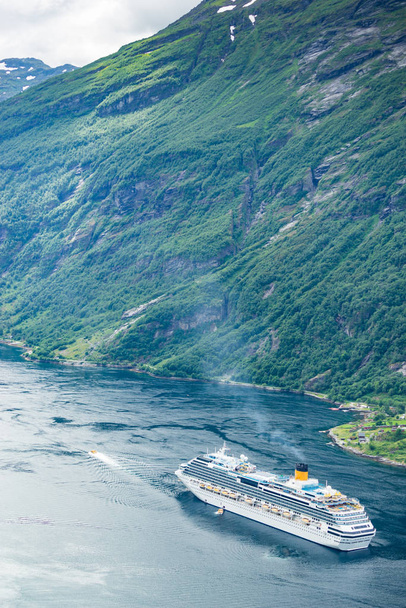 Fjord Geirangerfjord with ferry boat, Norway. - Fotó, kép