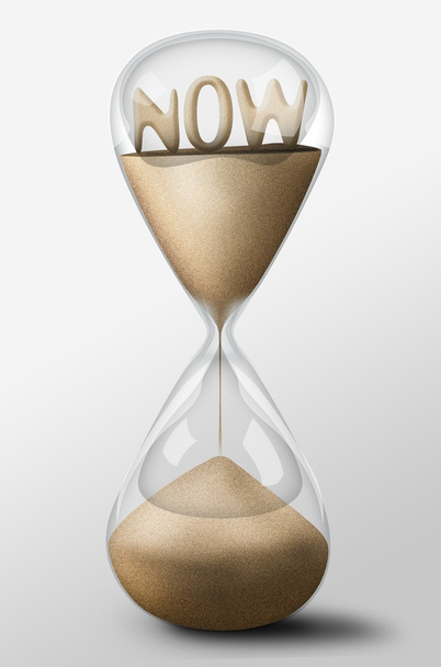 Hourglass with Now made of sand. Concept of time passing - Φωτογραφία, εικόνα