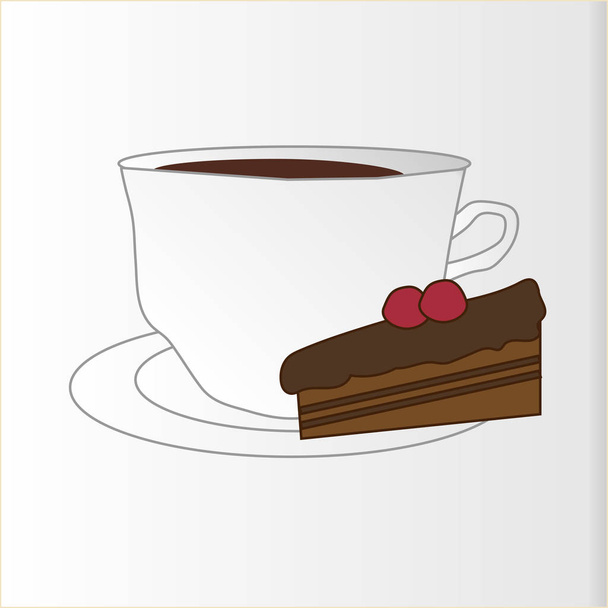 A piece of cake with cherries on a saucer with a Cup of coffee - Вектор,изображение
