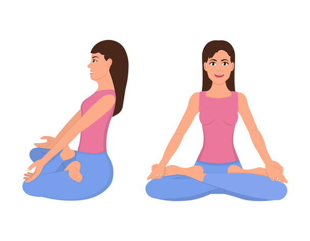 Lány ül lótusz helyzetben első és oldalsó nézet, ikonok lapos stílusban, nő csinál jóga vagy meditáció vektor illusztráció - Vektor, kép
