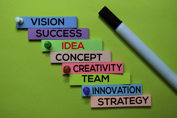 Idea, Vision, Success, Concept, Creativity, Team, Innovation, Strategy text on sticky notes isolated on green desk. Mechanism Strategy Concept - Photo, Image