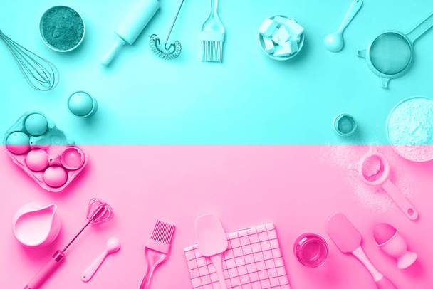 Bakery ingredients over trendy neon pink and blue color background - butter, sugar, flour, eggs, oil, spoon, rolling pin. Baking frame, cooking concept. Top view, copy space. Flat lay - Fotó, kép