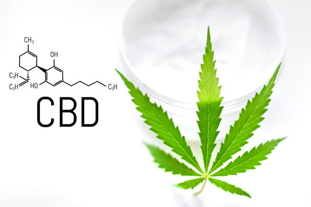 CBD Chemical Formula, CBD Cannabis cream with marijuana green le - Photo, Image