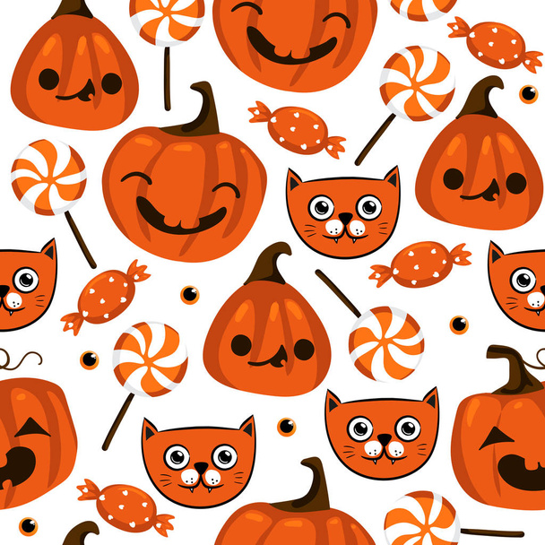 Halloween naadloze patroon met schattige pompoenen, zwarte kat en andere Halloween elementen. Halloween vector achtergrond. EPS 10 - Vector, afbeelding