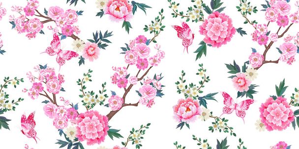 Kevät saumaton kuvio kukkivat sakura, vaaleanpunainen pioni luumu oksat ja lentävät perhoset kiinalaiseen tyyliin
 - Vektori, kuva