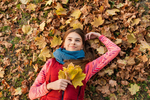 Mooi meisje in kleurrijke herfst tijd buitenshuis - Foto, afbeelding