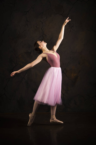 A slender girl in a pink skirt and beige top dancing ballet. - 写真・画像