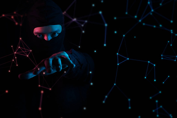 hacker mask man, virus attack network, robotic system online, data deep learning, server security hacking, hologram ai - Fotografie, Obrázek