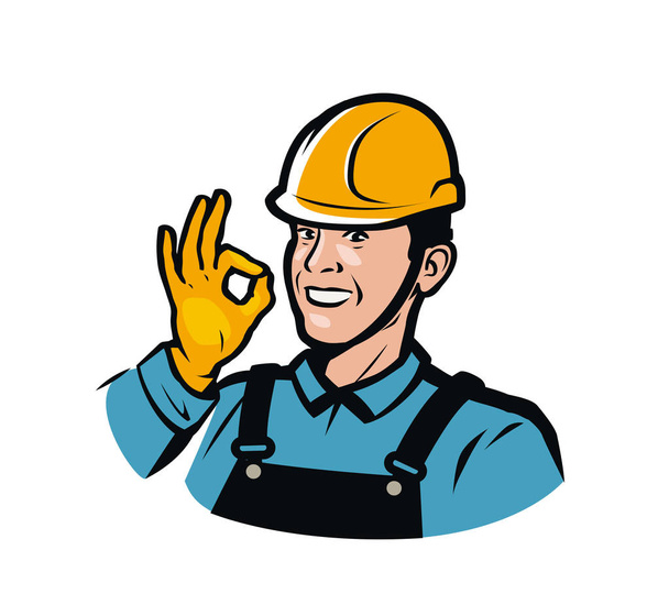 Stavitel nebo pracovník ve stavební přilbě. Oprava, oprava, průmysl  - Vektor, obrázek
