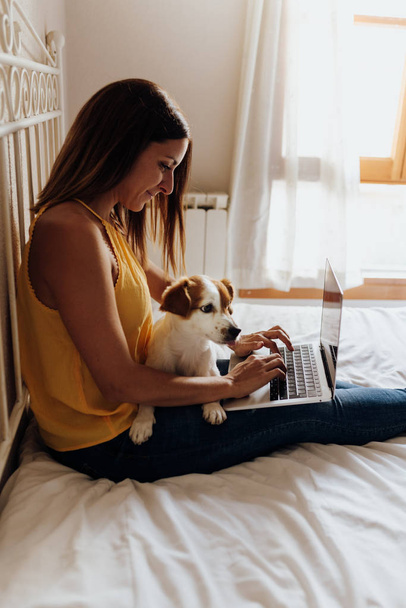 Beautiful woman sitting on the bed typing on the laptop with her dog Jack Russell terrier on her legs at sunset - Foto, afbeelding