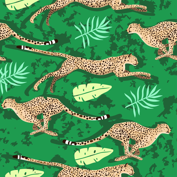 nahtloses Muster mit Geparden und Blättern. Vektorgrafik. - Vektor, Bild